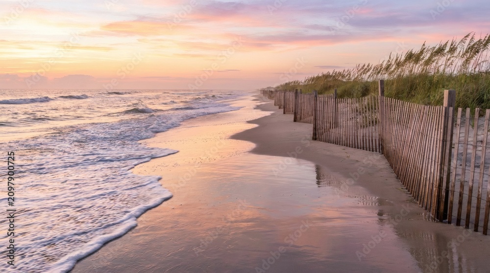 Fototapeta premium Sunrise on a tranquil beach with rolling ocean waves, sandy shore, protective dune fence, and colorful sky reflections.