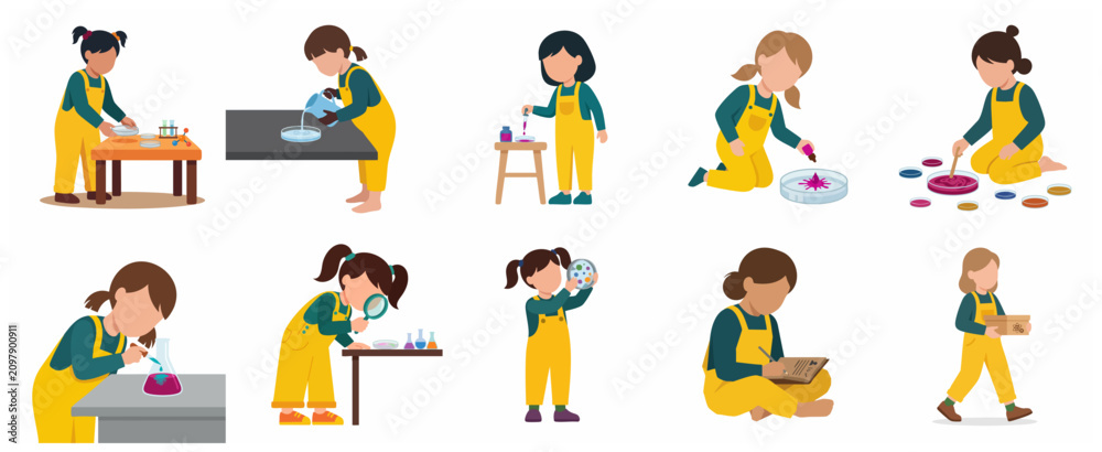 Fototapeta premium Set of Little Girls Doing Science Experiments, STEM Education Concept for Kids, Flat Vector Illustration