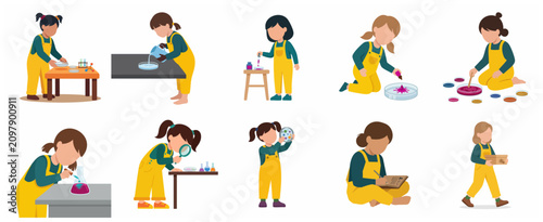 Set of Little Girls Doing Science Experiments, STEM Education Concept for Kids, Flat Vector Illustration