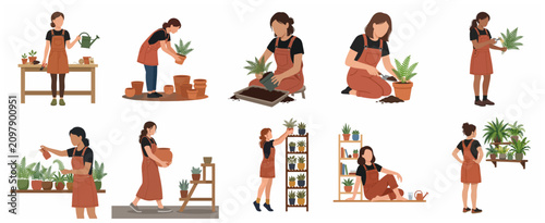 Flat vector illustration set of women gardening, planting, watering, and caring for indoor potted plants. Urban gardening and home hobby concept.