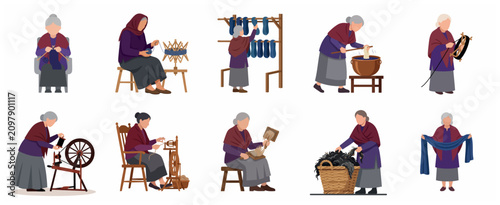 Set of elderly women practicing traditional textile crafts, spinning wool, dyeing yarn and knitting, vector illustrations isolated on white