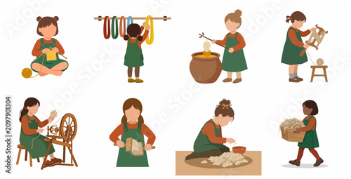 Vector flat illustration set of children characters engaged in traditional wool processing, spinning, and knitting activities.