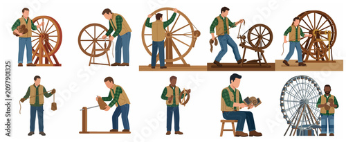 Collection of male artisan characters using traditional spinning wheels and textile craft tools vector illustration.
