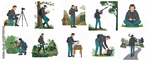 Set of flat vector illustrations showing men birdwatching, photographing wildlife, and field recording bird sounds in nature.
