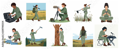 Professional women sound engineers and field recordists capturing nature sounds with specialized audio equipment, vector illustration set