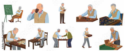 Flat vector illustration set of senior men engaging in board games and mental strategy activities