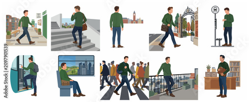 Vector illustrations set of a young man's daily commute and city life activities, depicting university student or professional routine.