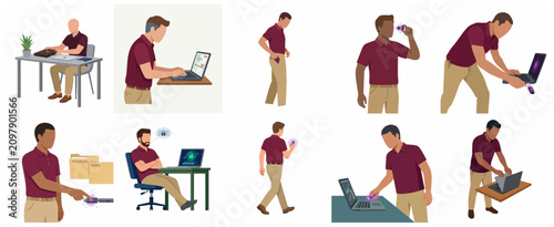 Cybersecurity concept illustrations featuring men using hardware security keys for data protection and multi-factor authentication on laptops.