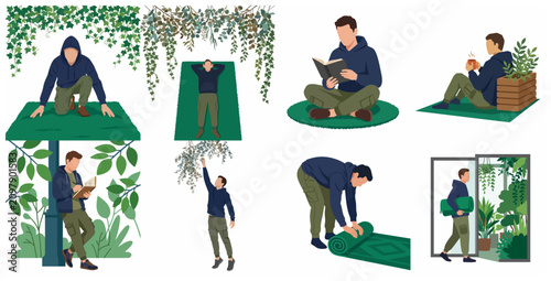 Set of flat vector illustrations featuring a man engaging in various relaxation, wellness, and gardening activities surrounded by lush greenery and plants.