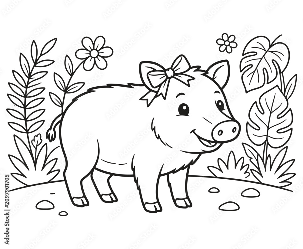 Obraz premium Cute baby pig with bow on head standing in a field with flowers and tropical leaves.