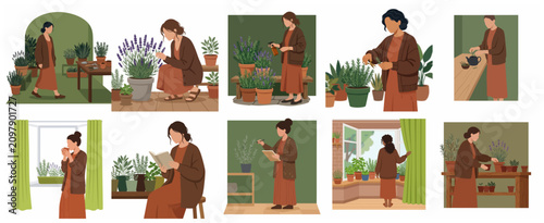 Woman Gardening and Relaxing with Indoor Plants Collection, Flat Vector Illustration of Herbal Care, Planting Lavender and Rosemary, Reading, and Drinking Tea at Home