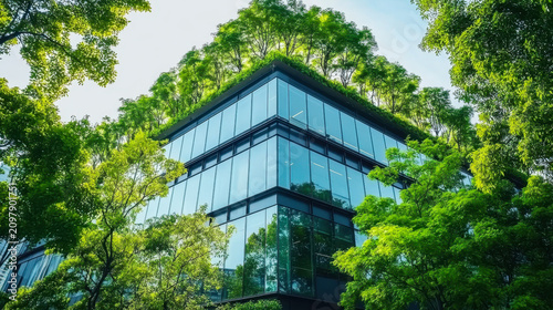 Sustainable green building. Eco-friendly building. Sustainable glass office building
