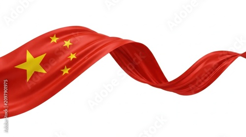 Waving Silk Ribbon Flag of China Isolated on White Background, National Symbol of People's Republic of China with Glossy Red Fabric and Yellow Stars 3D Illustration