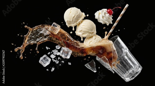 Dynamic Root Beer Float Splash with Vanilla Ice Cream, Cola, Ice Cubes, Whipped Cream, Cherry, and Broken Glass on Black.