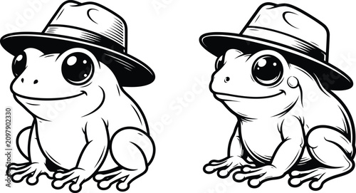 Photos Cute cartoon frogs wearing hats in a simple black and white line art