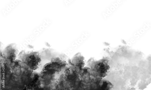 Dramatic black smoke clouds on white background, thick dark vapor texture, atmospheric charcoal fog effect for design overlays