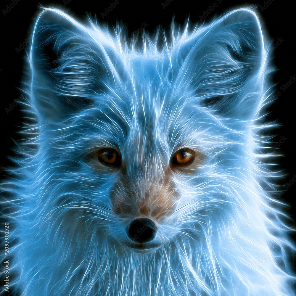 Fototapeta premium Arctic fox face displayed with large ears and bright eyes, featuring neon blue and amber colors against a dark background.