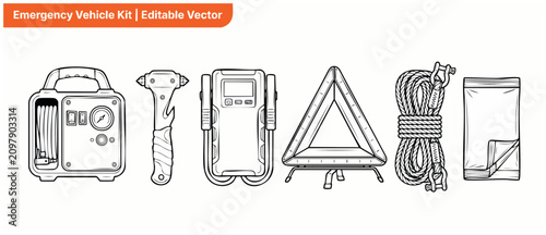 Fotografie Car emergency kit vector icon set for roadside safety, automotive breakdown assistance, and vehicle preparedness in clean black and white outline style, featuring jumper cables, tow rope, pump