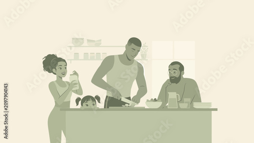 Social interaction study illustration showing a multi-generational group of adults and a child gathering in a kitchen while a man prepares a vegetable meal