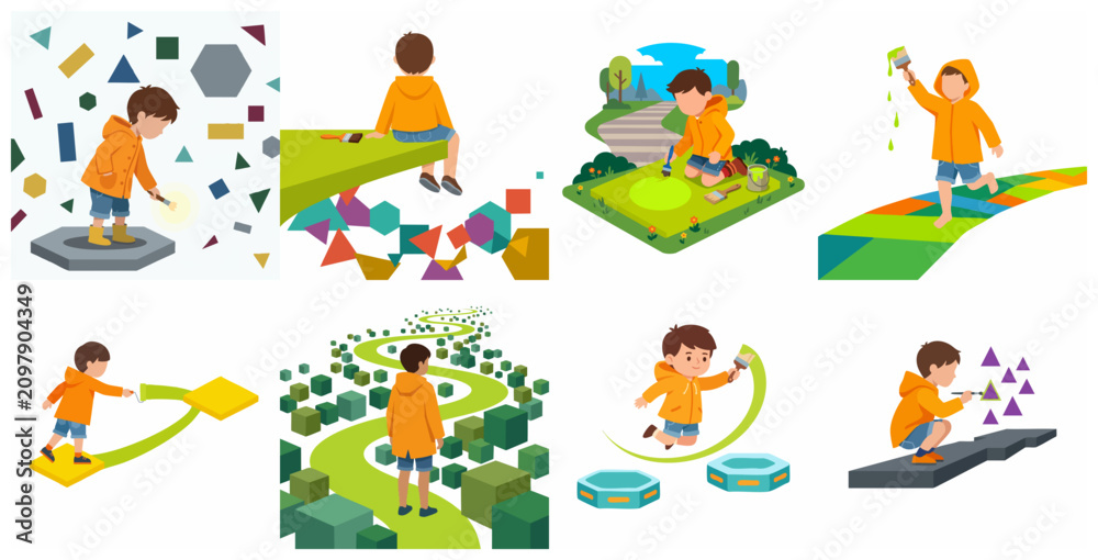 Fototapeta premium Creative boy in orange hoodie painting and exploring abstract geometric worlds, flat vector illustration set