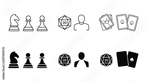 Bilde på lerret Tabletop board game icons with pawns, dice, cards, and RPG equipment for gaming