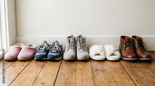 Row of Diverse Shoes Lined Up Against White Wall on Wooden Floor