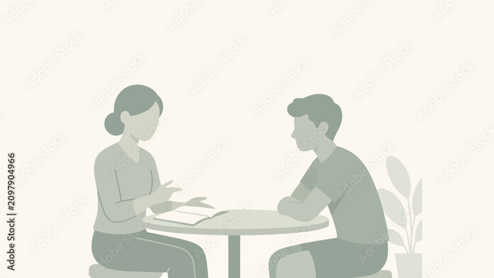 Obraz premium Symbolic representation of a supportive dialogue between two people sharing a conversation over a table with a notebook, minimal flat vector illustration in sage green