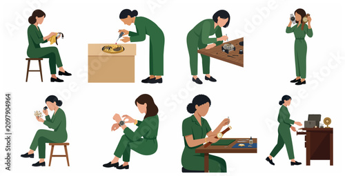 Foto Professional female watchmaker character set repairing, inspecting, and cleaning mechanical wristwatches, horology artisan in green jumpsuit flat illustration