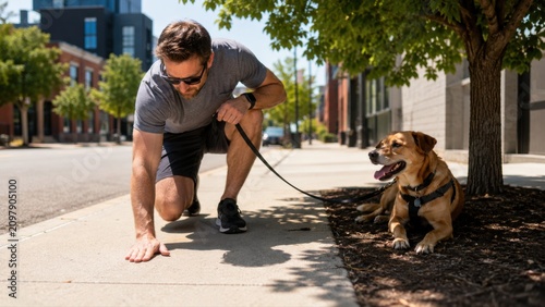 Realistic hot weather scene with a leashed dog waiting in the shade while the owner tests the ground, expressing prevention, caution and practical summer pet safety.