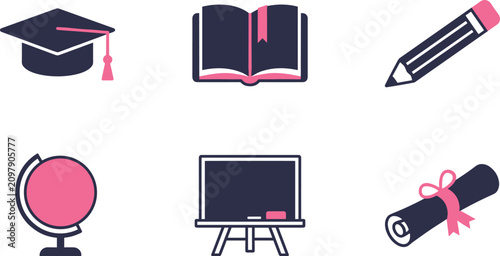 Fotografie Academic and learning icons vector collection with graduation cap, book, pencil, globe, chalkboard, and diploma