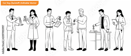 Konstfotografi Car key handoff vector illustration set showing people buying, selling, renting, or leasing a vehicle with dealership agents and happy customers in clean black and white outline style