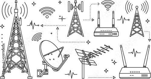 Telecommunication Antenna Tower and Wireless Router Vector Icon Set with Satellite Symbols