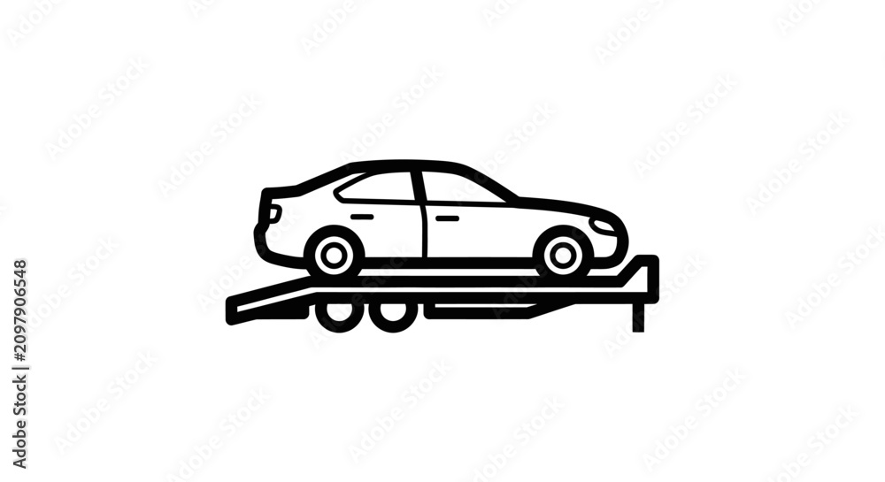 Fototapeta premium Simple sedan car on trailer transport icon.