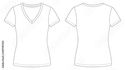 Women's Classic V-neck Short Sleeve T-shirt, Basic Fashion Top Front and Back View. Fashion Illustration, Vector, CAD, Technical Drawing, Flat Drawing.