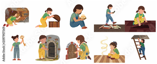 Vászonkép Whimsical illustration set of a curious little girl exploring secret passages, t