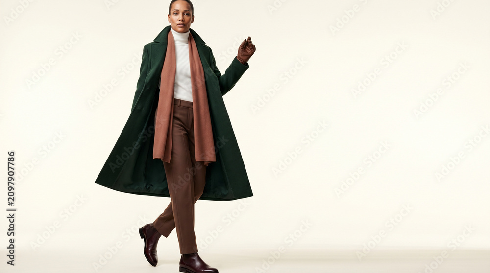 Fototapeta premium Young woman walking in a green coat and brown pants with a scarf 
