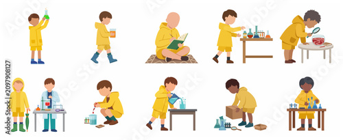 Foto Set of diverse little boys in yellow raincoats exploring science and conducting