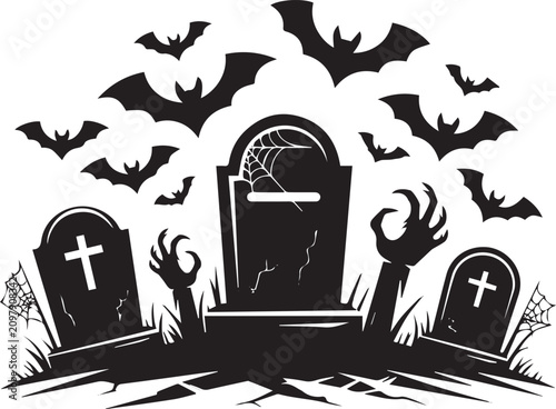 Isolated on Halloween graves. Spooky grave stones with zombie hands and bats, Halloween monster zombie gravestone silhouette flat vector art on no background.