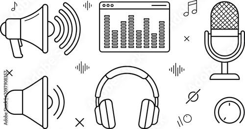 Bild auf Leinwand Audio Equipment and Sound Wave Vector Icon Set with Microphone Headphone Megapho