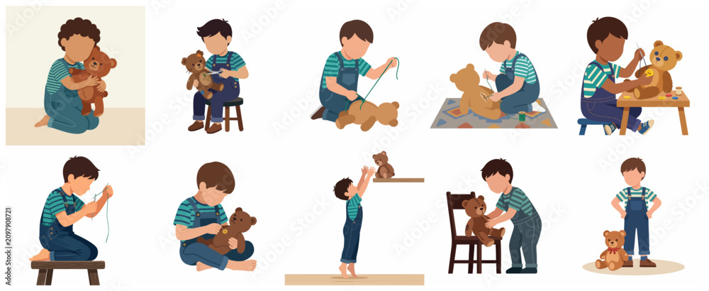 Fototapeta premium Flat vector illustrations of a young boy repairing his teddy bear by sewing and fixing it