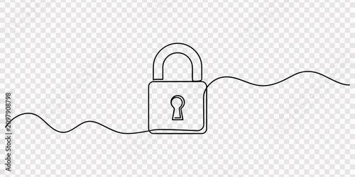 Padlock icon drawn with one continuous black line, Continuous one line drawing of padlock single line of lock padlock continuous line art vector outline, Continuous one line drawing of padlock single 