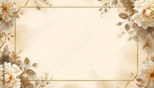 Vintage Bronze Tone Scroll Border Framework Accented by Ornate White Camellia Blossoms on Distressed Cream Backdrop