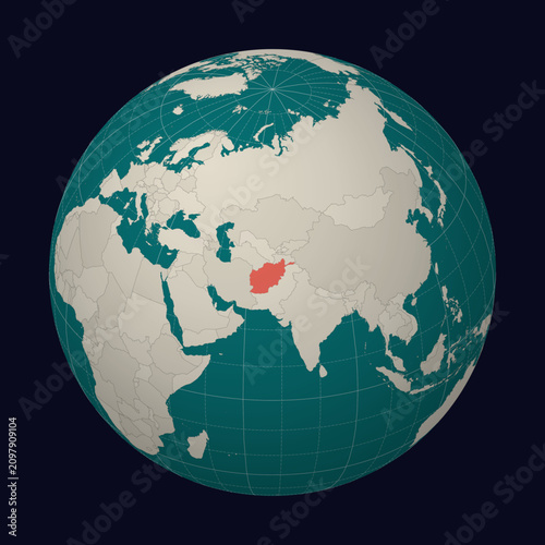 Afghanistan on the map. Globe centered to Afghanistan. Country location on the world map. Teal Pale Mint color palette. Globe with countries, meridians and parallels. Charming vector illustration.