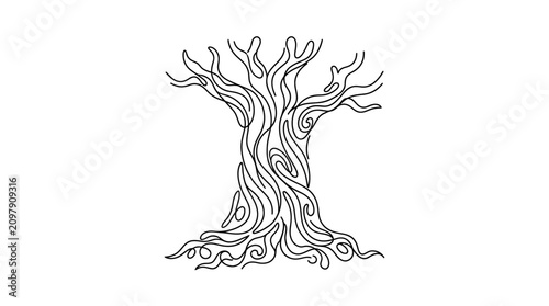 Hand Drawn Artistic Tree Illustration with Intricate Swirling Branches and Organic Root Patterns for Nature Inspired Graphic Design Projects
