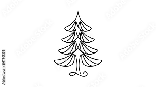 Minimalist one line art of a stylized Christmas fir tree for winter holiday seasonal decoration and greeting card design