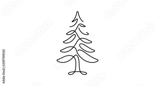 Minimalist single line drawing of a stylized pine tree, representing nature's evergreen beauty and simplicity