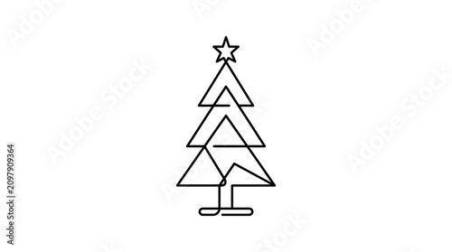 Minimalist continuous line art drawing of a Christmas tree with star topper symbol for holiday design
