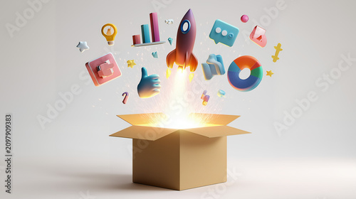Creative 3D Startup Launch Concept With Flying Business And Social Media Elements