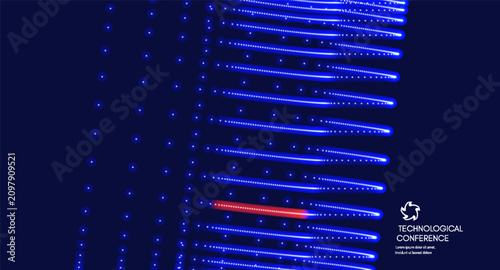 A technology conference event. A multitude of dots create a blocky form and glow. Curved lines pulsate in motion. A red thread of energy. Industrial style for digital projects. Grid. 3D vector.