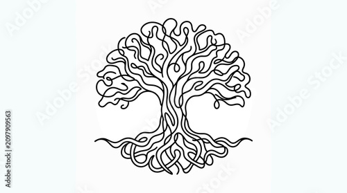 Minimalist Continuous Line Drawing of a Sacred Tree of Life Featuring Intricate Branch and Root Systems Symbolizing Nature and Growth